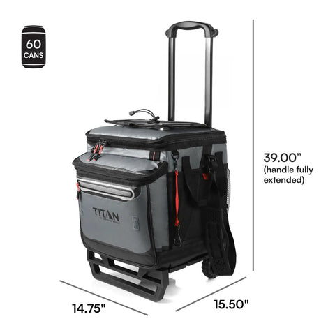 Titan Collapsible Wheeled Soft Sided Cooler with Detachable Rolling Cart, Sharkskin Grey, Holds 60 Cans, 39-inch handle extended