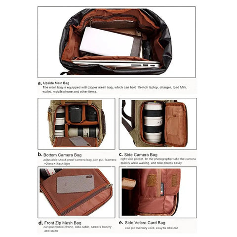 Canvas Batik Camera Backpack Waterproof And Wear Resistant Ultra Large Capacity Gear Bag For Photogs with compartments open
