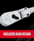 Close-up of V Series One Quarter Inch Drive Ratchet with 80 Tooth, Flexible XL Head, Enclosed Gear Design showing logo