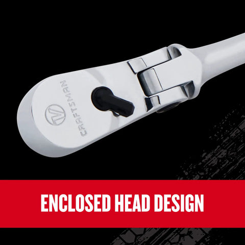 Close-up of V Series One Quarter Inch Drive Ratchet with 80 Tooth, Flexible XL Head, Enclosed Gear Design showing logo