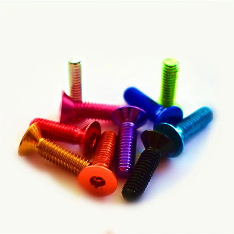 Colorful aluminum flat head screws with hex socket, showcasing the 10 Pack Aluminum Flat Head Screws With Hex Socket Countersunk Drive M3 M4 M5 And M6 Sizes In Orange Finish M3x12 Machine Screws For Electronics Hobby And DIY Projects on display.