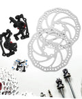 Complete Mechanical Disc Brake Set For Mountain Bikes Featuring Front And Rear 160 Mm Silver Aluminum Rotors with calipers and screws.