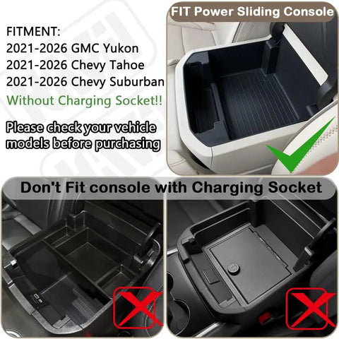 Diagram showing Boss Level Power Sliding Center Console Organizer for 2021-2026 GMC Yukon Tahoe Suburban without charging socket.