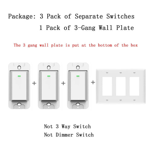 Smart 3 Gang WiFi Light Switch With 2.4GHz WiFi, No Hub Needed, Voice Control For Alexa And Google Home, White Push Button