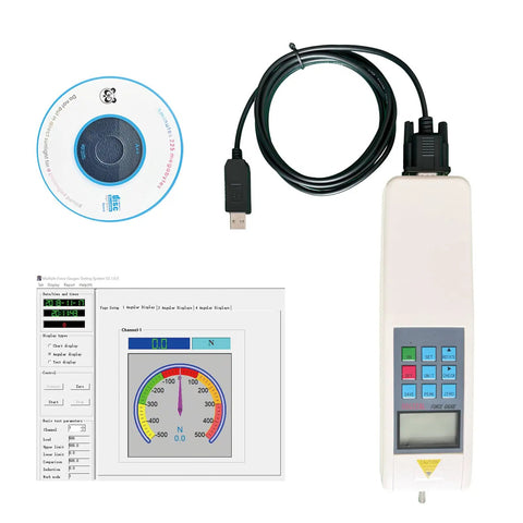 Digital Force Gauge 500N Push Pull Tester With 5 Modes, 3 Displays, Tension And Compression Meter For Newton, Kilogram, And Pound, Custom Gravity Setting For Dead Accurate Measurements., USB cable and software disc