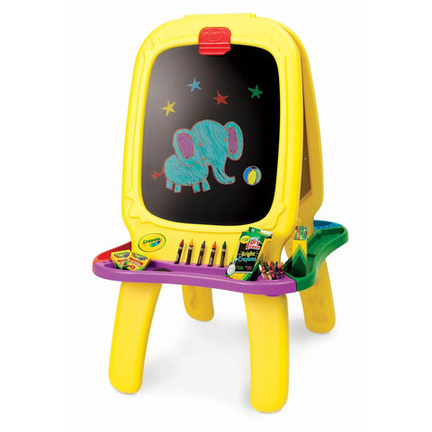 Mega Size Magnetic Double Sided Kids Easel Built Tough For Endless Creative Sessions Adjustable Height Dry Erase And Chalkboard Art Station with colorful drawing on blackboard.
