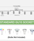 Dimensions and bulb socket details of Dope 6 Light Brushed Nickel Ceiling Track Lighting Fixture Kit with Adjustable GU10 Heads.