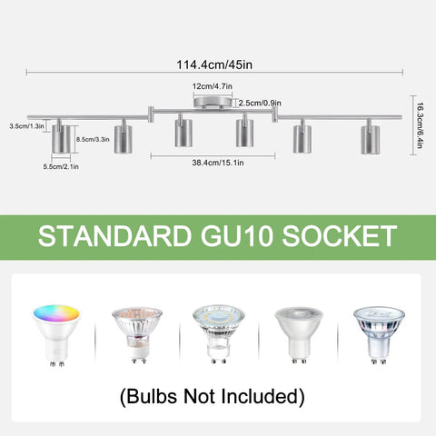 Dimensions and bulb socket details of Dope 6 Light Brushed Nickel Ceiling Track Lighting Fixture Kit with Adjustable GU10 Heads.