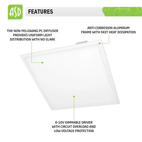 2x2 LED Flat Panel Light Edge Lit Dimmable 27W 3005LM Fixture 4000K Bright White Drop Ceiling Recessed Troffer Lighting For Office UL DLC 2 Pack Pro Grade Anti Corrosion Aluminum Frame Heat Dissipation features