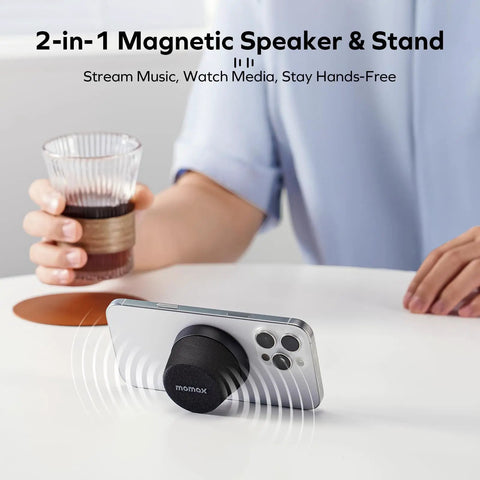 2-in-1 magnetic speaker and stand connected to a smartphone on table, showcasing Magnetic Portable Bluetooth Speaker With Boomin Bass IPX6 Waterproof Mini Shower Speaker 12 Hour Playtime TWS Stereo USB C Outdoor Speaker Black Ideal Travel Gift For Any Adventure.