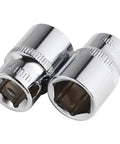 Close-up of two sockets from Six Piece 14 Millimeter Shallow Socket Set With Three Eighths Inch Drive, Six Point Design For A Beefy Grip On Tough Fasteners