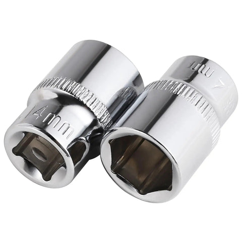 Close-up of two sockets from Six Piece 14 Millimeter Shallow Socket Set With Three Eighths Inch Drive, Six Point Design For A Beefy Grip On Tough Fasteners