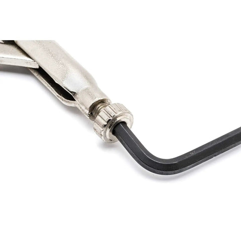 Close-up of adjustable screw mechanism on 5 Piece Pro Grade Locking Pliers Set With Curved Jaw And Long Nose Pliers Featuring Wire Cutter