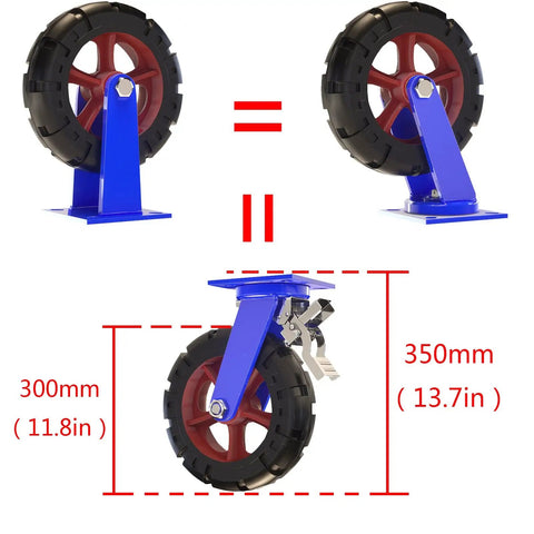 Heavy Duty Industrial Swivel Casters With Solid Natural Rubber Wheels showing blue steel brackets and large rubber wheels dimensions.