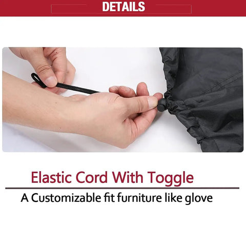 Close-up of elastic cord toggle on All Weather 2 Seater Outdoor Bench Cover Waterproof 53W By 26D By 35H Inches