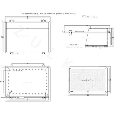 Technical drawing of Rugged IP67 Waterproof Junction Box With Hinged Cover, Stainless Steel Buckle Enclosure, Plastic Outdoor Electrical Box, includes mounting plate, wall bracket, two cable glands, dimensions grey 350x250x150 mm.