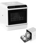 Automatic Portable Countertop Dishwasher With 6 Liter Built In Water Tank For Renters And Tiny Kitchens High Temp Air Cycle Sanitizes Plates No Plumbing Needed Quick Setup For 2 To 4 Person Households showing clean dishes in rack.