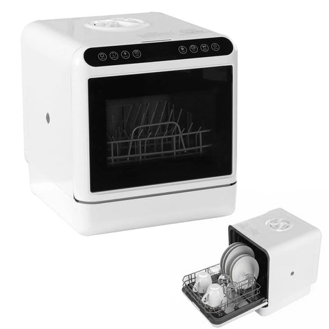 Automatic Portable Countertop Dishwasher With 6 Liter Built In Water Tank For Renters And Tiny Kitchens High Temp Air Cycle Sanitizes Plates No Plumbing Needed Quick Setup For 2 To 4 Person Households showing clean dishes in rack.
