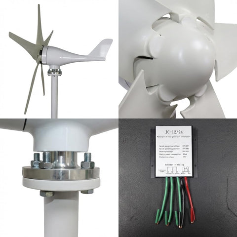 Collage of 1200W Wind Power Generator Kit With 12V 24V Start; includes turbine blades, mounting, and charging controller details.