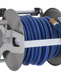 Heavy Duty Stainless Steel Garden Hose Reel Wall Mounted Retractable Anti Kink Water Pipe Holder For Yard Chores And Car Washing with blue hose.
