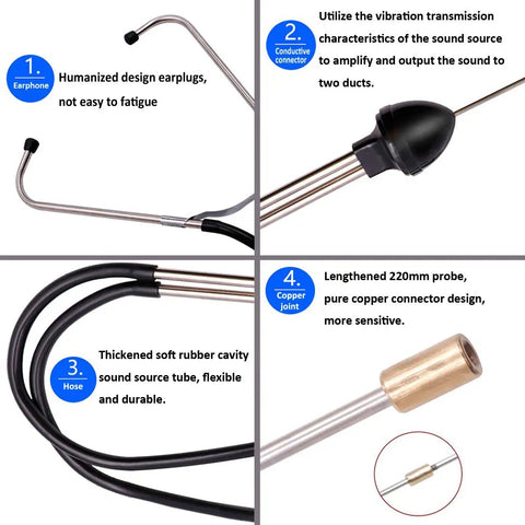 Car Engine Stethoscope Cylinder Diagnostic Tool for Cars with earphone, probe, hose, and copper joint illustration