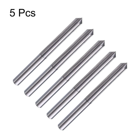 Group of five 1/8 in shank carbide V-bits with 90° tips, 0.1 mm point, two-flute engraving cutters