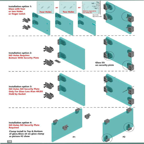 Diagram showing installation options for Aluminum Square Glass Clamp Flat Back 1/4 To 3/8 Inch Glass Matte Black 4 Pack on glass panels.