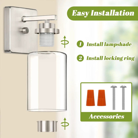 Set Of 2 Brushed Nickel Wall Sconces For Bathroom And Hallway Modern Farmhouse Vanity Lights With Clear Glass Shade Waterproof Wall Mount Lanterns For Bedroom And Living Room installation diagram