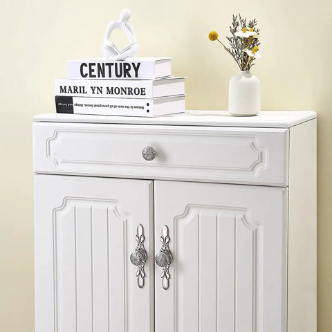 White cabinet with Round Drawer Pulls With Backplates Ten Pack One And One Quarter Inch Knob And Five And Four Fifths Inch Plate Silver Brushed Nickel Cabinet Hardware For Kitchen Cabinets Dresser Wardrobe Farmhouse Decor With Decorative Flower Motifs.