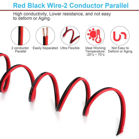 Red And Black 16 AWG 2 Conductor LED Strip Wiring Cable shown coiled highlighting flexibility and polarity features.