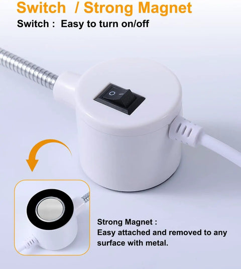 Close-up of switch and magnetic base of 30 LED Sewing Machine Light with Flexible Gooseneck and Magnetic Mount on white surface.
