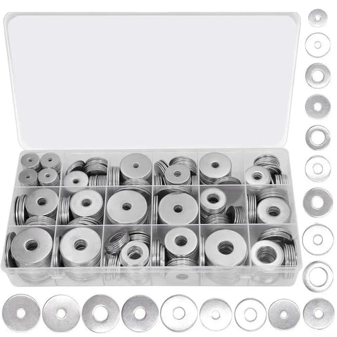 304 Stainless Steel Flat Washers Kit With 290 Pieces From M3 To M8 In A Heavy Duty Storage Box For Automotive And Home Repairs, Rust Resistant, Smooth Burr Free Surfaces, The Ultimate Do It Yourself Must Have For Quick Fixes. Open organizer with assorted flat washers from M3 to M8