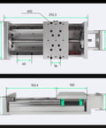 Top and side view of Beefy 100mm Travel CNC Linear Stage with cross sliding table, 1605 ballscrew, precision linear rails, and dual limit switches.