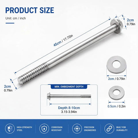 Hidden Mounting Kit For Floating Shower Benches Built To Last Stainless Steel Support Rods With Concealed Wall Anchors 2 Pack Tile Bathroom Seat Installation Adjustable Three Quarter Inch By Seventeen Point Five Inch Mount System size diagram, 45cm rod