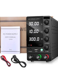 Built Tough Lab Bench DC Power Supply For Dead Reliable Electronics Testing With Precision Dial Controls Offering Adjustable 60V 5A And 30V 10A Output On Any Pro Shop Job Featuring Rock Solid Short Circuit Protection And Overload Shields with display and accessories.