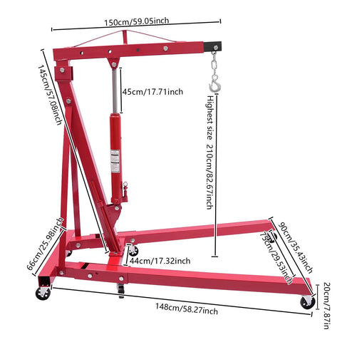 Tough as Nails Hydraulic Engine Hoist 1 Ton Cherry Picker dimensions with smooth wheels and foldaway frame, carbon steel red design.