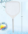 2 Foot Hand Skimmer Net For Hot Tubs And Above Ground Pools Made In USA Durable Plastic Pool Cleaning Tool Handy For Spas Ponds And Surfaces Lightweight White showing the net and handle on water background