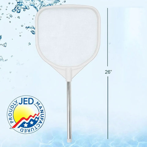2 Foot Hand Skimmer Net For Hot Tubs And Above Ground Pools Made In USA Durable Plastic Pool Cleaning Tool Handy For Spas Ponds And Surfaces Lightweight White showing the net and handle on water background