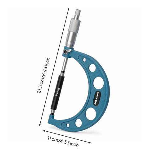 Generic Digital Gauge Precision Caliper Tool Electronic Screen Measurement Device Sturdy Body Construction Knurled Thimble Design Suitable for Workshop Home, Industrial Model 75-100MM, blue, size 75mm, shown with measurements.