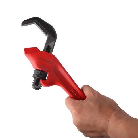 Hand holding Nine And A Half Inch Hex Offset Wrench With One Eighth To Two And Five Eighths Inches Capacity Built Tough For Heavy Duty Hex Jaw Pipe Wrench Ductile Iron Chrome Vanadium Build Slim Jaws For Tight Spaces