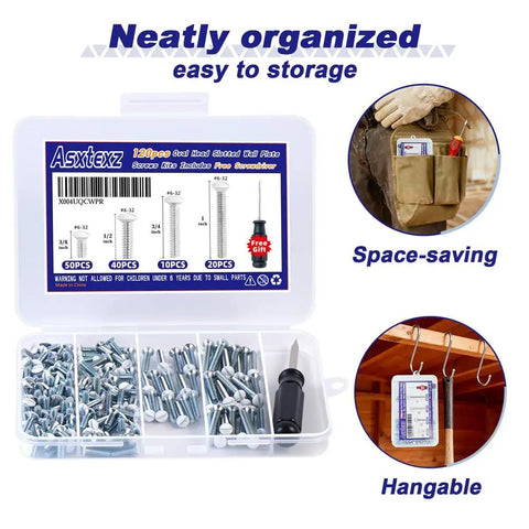 White Wall Plate Screws Kit 120 Pcs For Outlet Covers And Switch Plates 6-32 Screws storage case with screwdriver.