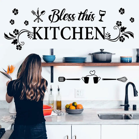 Bless This Kitchen Wall Decor Sticker With Flower Art Removable DIY Vinyl Decal for Dining Room Kitchen Bar Restaurant
