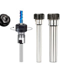 Rock Solid ER Collet Set For CNC Milling And Lathe Machining Quick Change Sleeve with a blue drill bit and two steel sleeves.