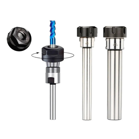 Rock Solid ER Collet Set For CNC Milling And Lathe Machining Quick Change Sleeve with a blue drill bit and two steel sleeves.