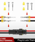 200 Piece 2 Pin Electrical Wire Connectors With Male Female Terminals showing connectors and terminals for secure wiring.