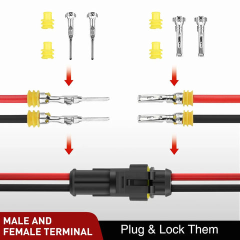 200 Piece 2 Pin Electrical Wire Connectors With Male Female Terminals showing connectors and terminals for secure wiring.