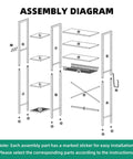 Assembly diagram for Freestanding Eight Tier Over The Toilet Storage Rack With Adjustable Shelves And Drain Basket Vintage Brown.