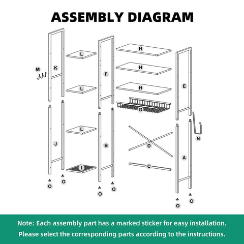 Assembly diagram for Freestanding Eight Tier Over The Toilet Storage Rack With Adjustable Shelves And Drain Basket Vintage Brown.