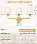 Top Tier Three Light Brushed Gold Vanity Lights With Flared White Fabric Shades Smooth Bathroom Mirror Fixture dimensions display.