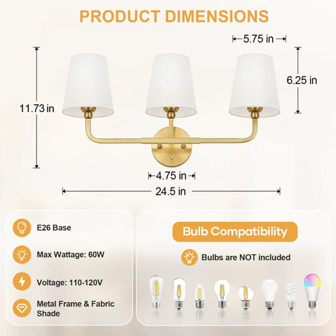 Top Tier Three Light Brushed Gold Vanity Lights With Flared White Fabric Shades Smooth Bathroom Mirror Fixture dimensions display.